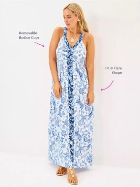 NWT 14 Lilly Pulitzer Carmilla Maxi Dress Barefoot Beachcombers Blue Resort